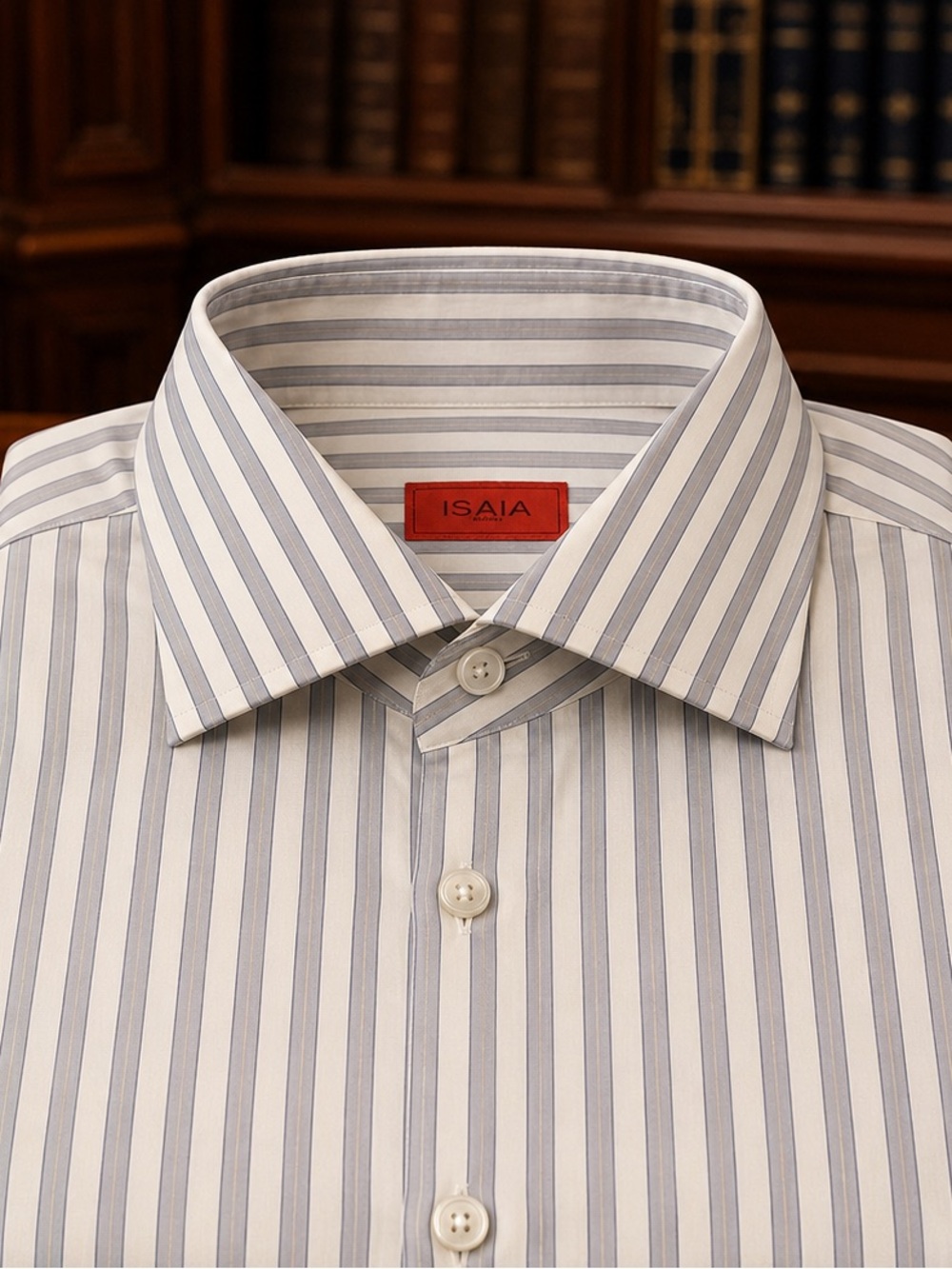 Isaia White and Light Blue Vertical Stripe Dress Shirt
